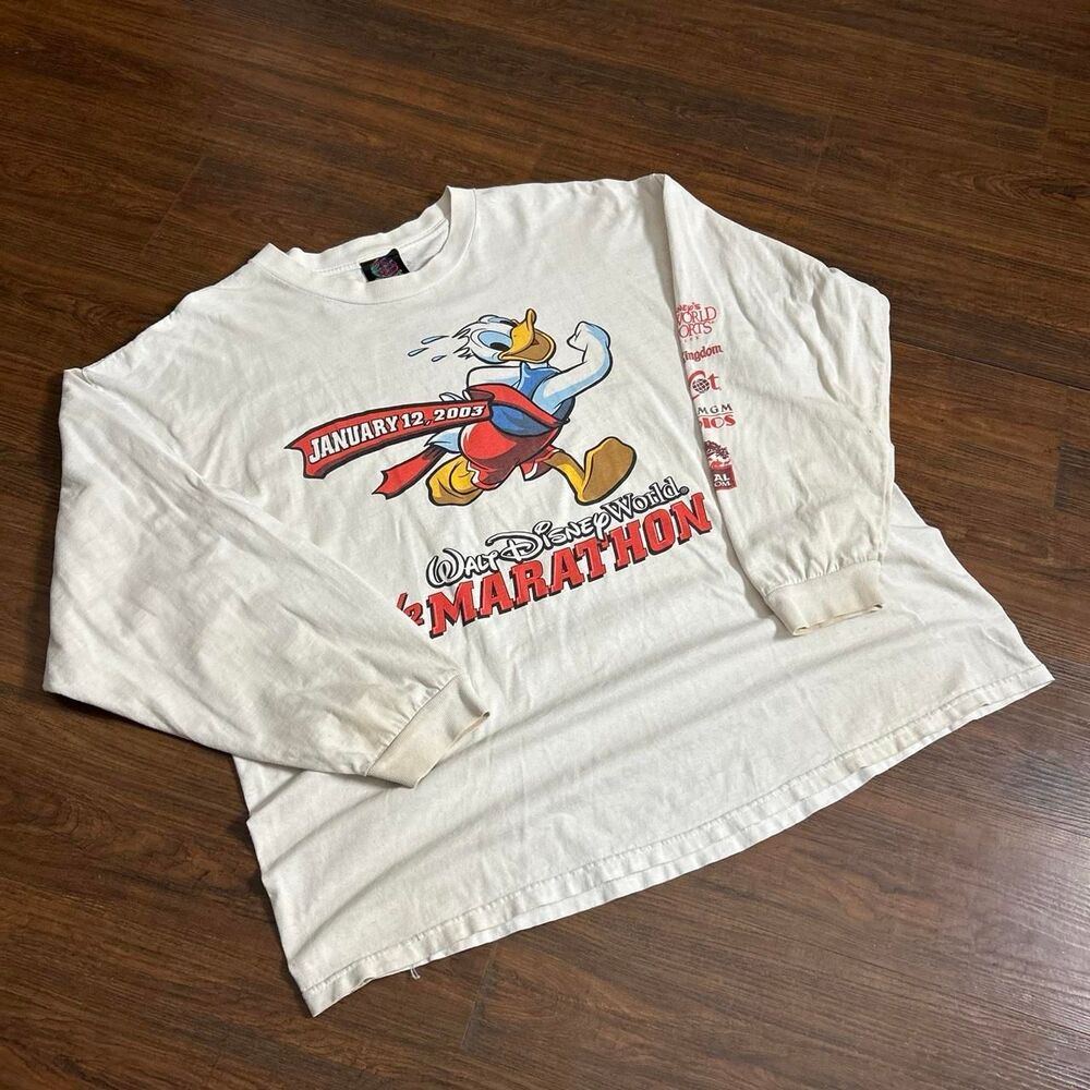 Vintage Y2K 2003 Disney World Half Marathon Donald Duck Long Sleeve Shirt XL
